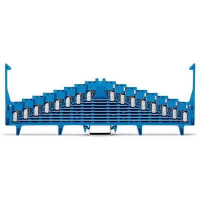 A blue shelving unit with multiple vertical slots, designed for arranging electronic devices. Suitable for cable management.