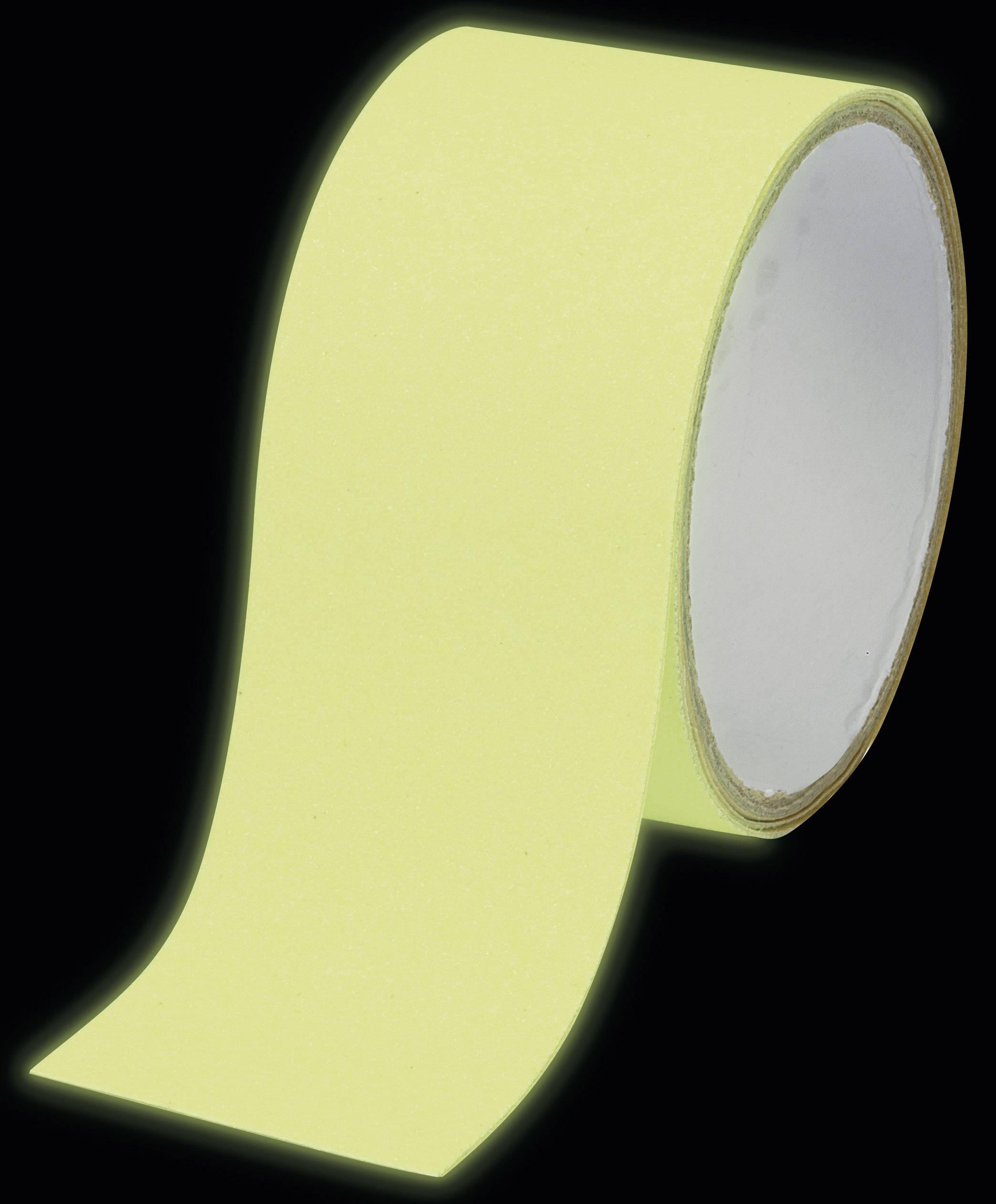 A roll of yellow fluorescent adhesive tape with a slightly glossy surface, wound up and partially unrolled against a black background.