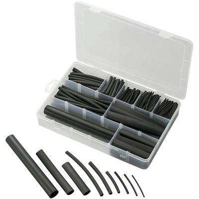 A transparent plastic case contains a variety of black heat-shrink tubes arranged in different sizes.