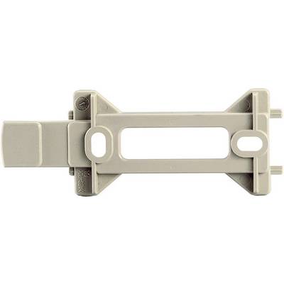 A grey plastic component with rectangular cutouts and rounded corners. It appears to be a connecting element or a mounting bracket.