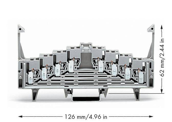 A grey terminal block with six connection points, measuring 62 mm high and 126 mm wide.