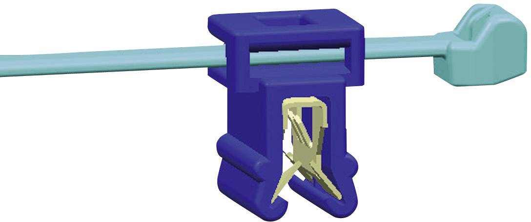 A blue cable tie with a locking mechanism secures a turquoise cable, demonstrating a secure fastening method.