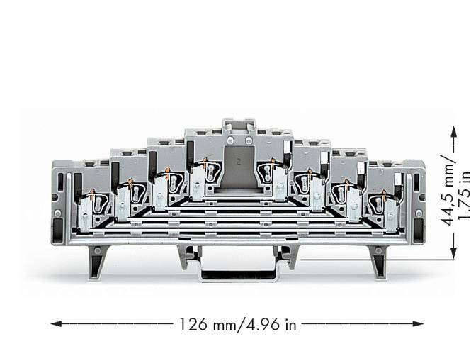 Image of a grey terminal block strip measuring 126 mm x 44.5 mm, suitable for electrical installations.