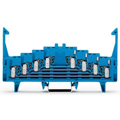 A blue electrical terminal block with multiple connection points for wiring in control cabinets.