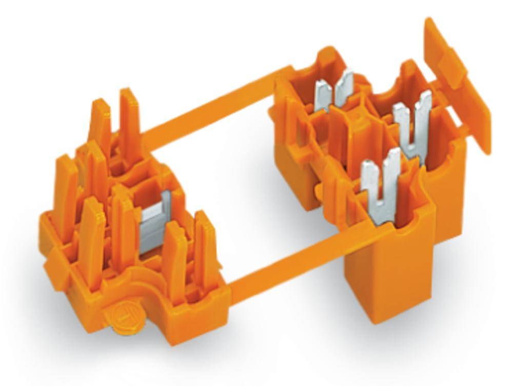 Orange multi-socket plastic plug with grey metal contacts, used for electrically connecting multiple cable strands.