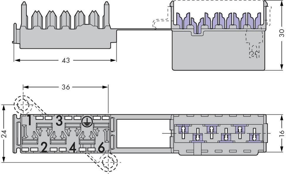 'L-shaped connector with 6 numbered slots on the top left, 3 unlabelled slots on the top right. Dimensions: 43x24x16 mm, 36x30 mm.'