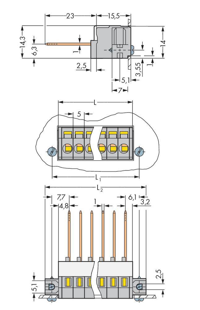 Connector, technical drawing with dimensions; shows a side view and top view of an electrical plug system.