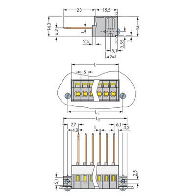 Connector, technical drawing with dimensions; shows a side view and top view of an electrical plug system.