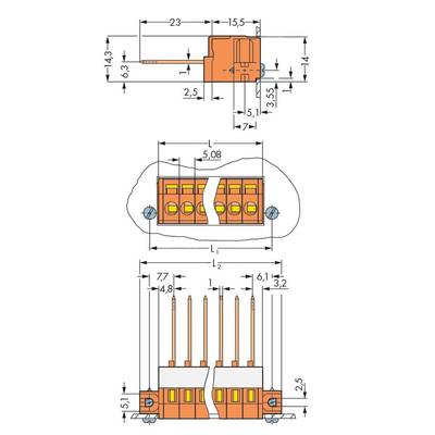 Technical drawing of an electrical connector with dimensions in millimetres: 23x15.5 at the top, 5.08x14.8 in the middle, 7.7x14.8 at the bottom.