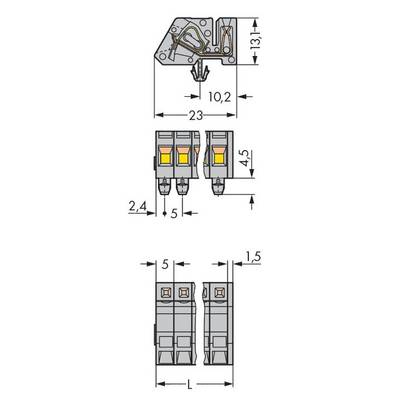 Technical drawing of an electrical connector with dimensions in millimetres, showing side and front views.