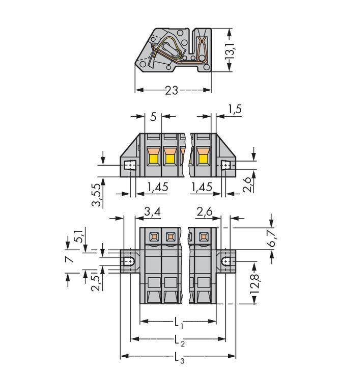 Technical drawing of an electrical connector with dimensions in millimetres, showing front, side and top views.