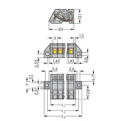 Technical drawing of an electrical connector with dimensions in millimetres, showing front, side and top views.