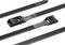 Cable ties in various sizes made from black plastic, used for bundling and organising cables.