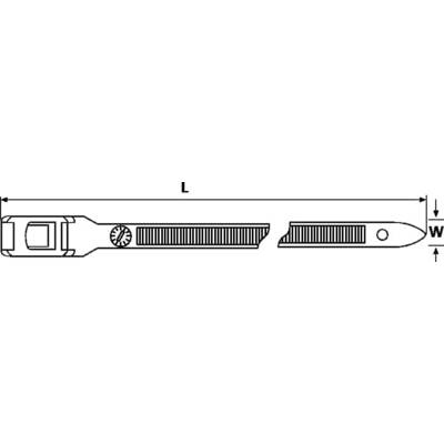 Diagram of a cable tie showing dimensions 'L' for length and 'W' for width.
