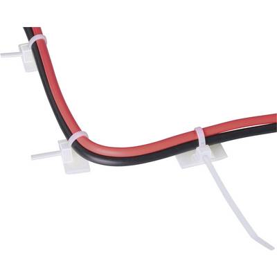 Two cables, black and red, are secured with white cable ties on a surface.
