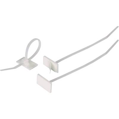 Two white cable ties with adhesive pads for securing items. One is closed, the other is open.