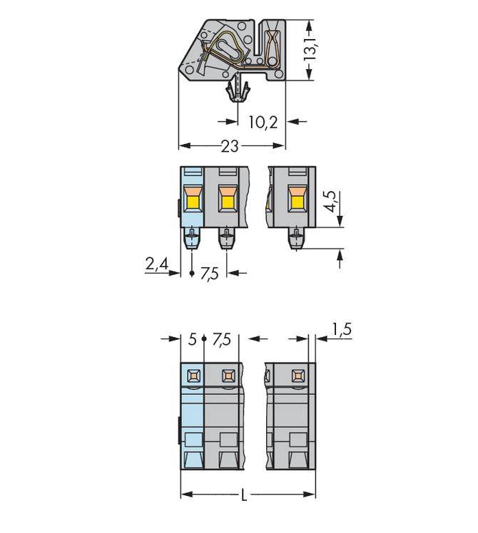 Drawing of electrical switches with dimensions. Top view with a width of 23 mm. Below, two switch views, 15 mm wide per switch.