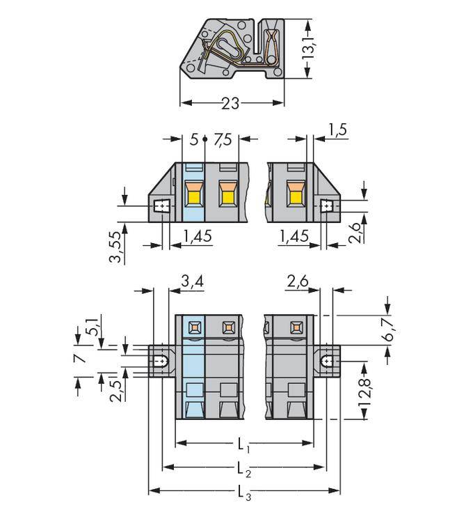 Technical drawing of an electrical terminal block with dimensions in mm, showing side and front views with detailed measurements.