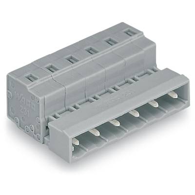 Grey electrical connector module with six slots and square openings, suitable for industrial applications.