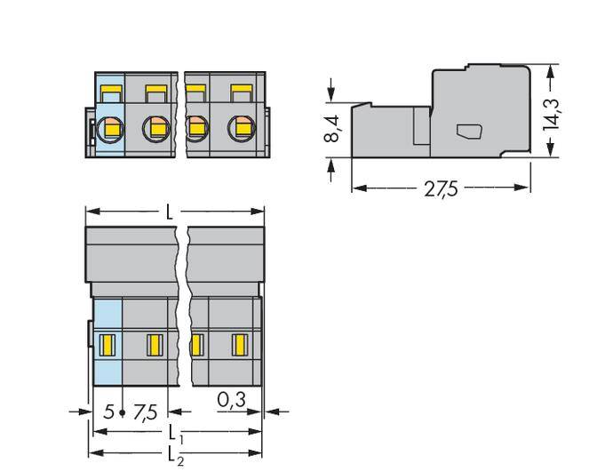 Technical drawing of a connector strip with dimensions: height 14.3 mm, depth 27.5 mm, width with non-specified variable length.