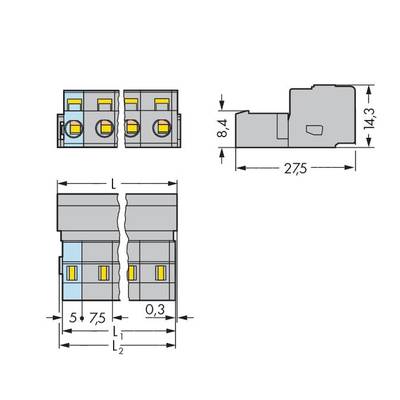 Technical drawing of a connector strip with dimensions: height 14.3 mm, depth 27.5 mm, width with non-specified variable length.