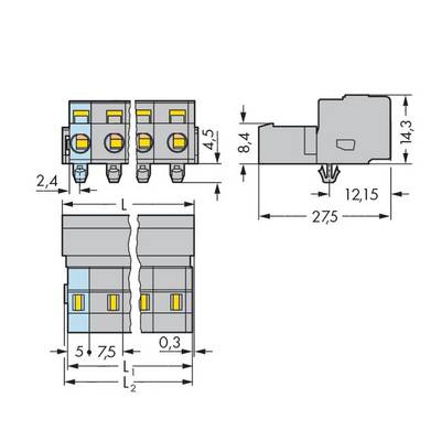Technical drawing of a connector with dimensioning; shows side view (right) and front view (left) with measurements in mm.