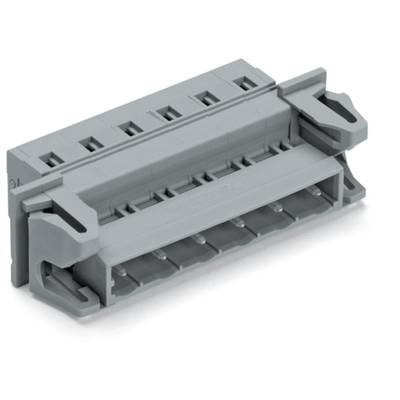 Grey plastic multi-socket connector with side mounting clips. Primarily used for electrical connections.