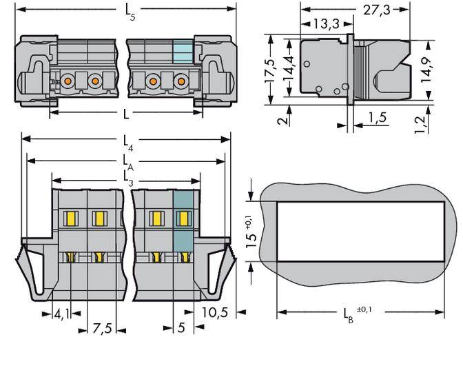 Technical drawing of an electrical connector with various views and dimensions. Shows side view, top view and cross-section with dimensional annotations.