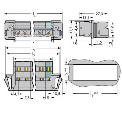 Technical drawing of an electrical connector with various views and dimensions. Shows side view, top view and cross-section with dimensional annotations.