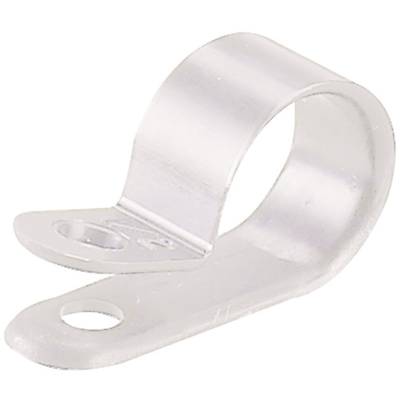 Metal pipe clamp with two mounting holes, curved, for securing pipes or cables to surfaces.