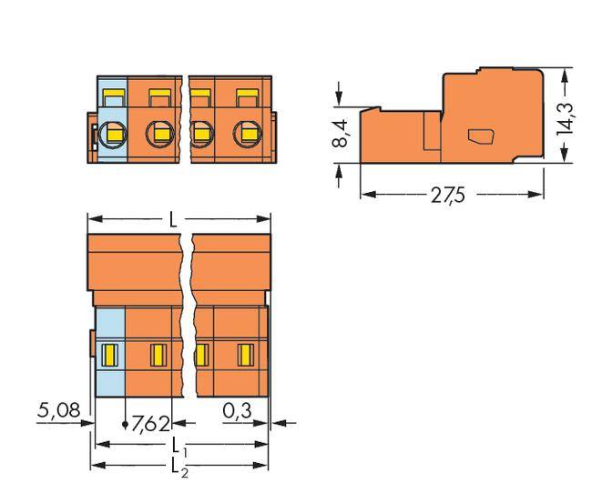 Technical drawing of a connector with detailed dimensional specifications: width 8.4 mm, height 14.3 mm, length variable.