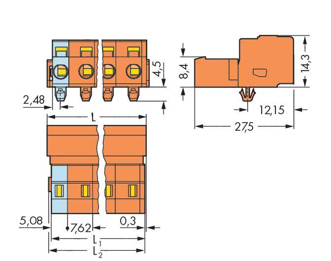 'Orange terminal block with four connections, technical drawing with dimensions: Length 12.15 mm, Width 8.4 mm, Height 14.3 mm.'