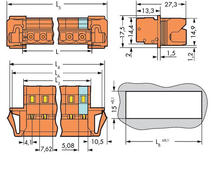 Technical drawing of a connector. Different views with dimensional specifications in millimetres. Includes cross-sectional and side views.