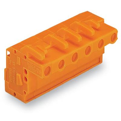 An orange electrical connector block with five terminal points, suitable for cable connections in electronic devices.