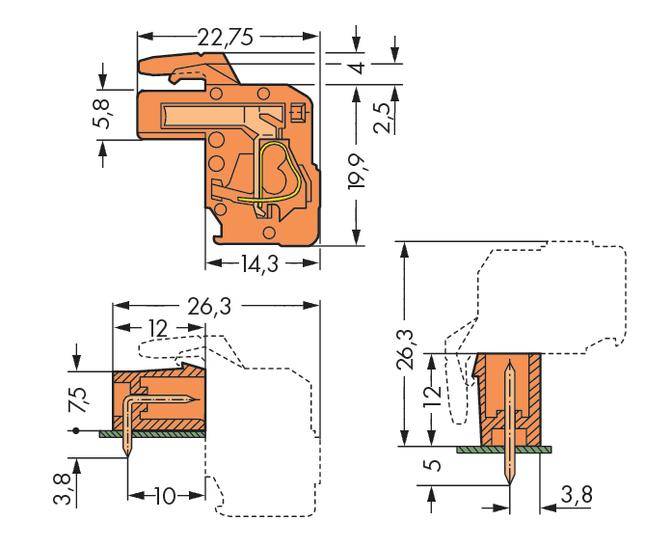 Technical drawing of a mechanical component with multiple side views. Dimensions given in millimetres, critical for assembly.