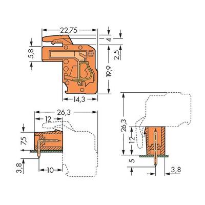 Technical drawing of a mechanical component with multiple side views. Dimensions given in millimetres, critical for assembly.