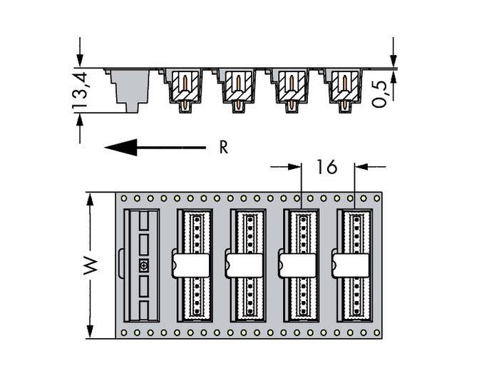 Diagram of an electrical component with four slots, dimensions: height 13.4 mm, width 16 mm; directional arrow pointing left.