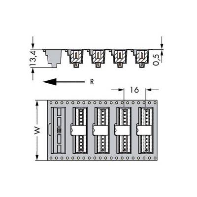 Diagram of an electrical component with four slots, dimensions: height 13.4 mm, width 16 mm; directional arrow pointing left.