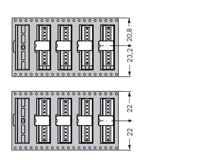 Technical drawing of two electrical components with multiple horizontal connections, dimensions: 23.2-20.8 and 22.