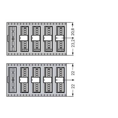 Technical drawing of two electrical components with multiple horizontal connections, dimensions: 23.2-20.8 and 22.