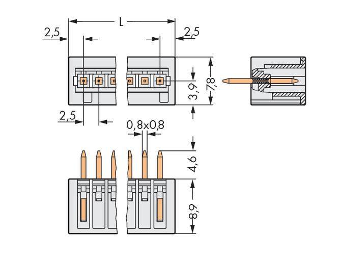 Circuit diagram of a connector with four pins. Dimensions and spacing marked. Detailed cross-section view in top right corner.