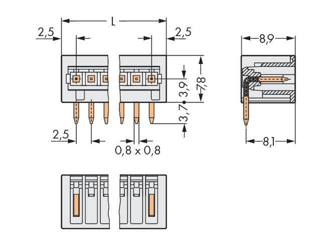 Technical drawing of an electrical connector with dimensions in millimetres. Shows side, cross-section and front view with detailed measurements.