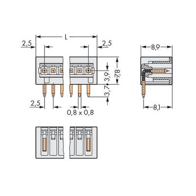 Technical drawing of an electrical connector with dimensions in millimetres. Shows side, cross-section and front view with detailed measurements.