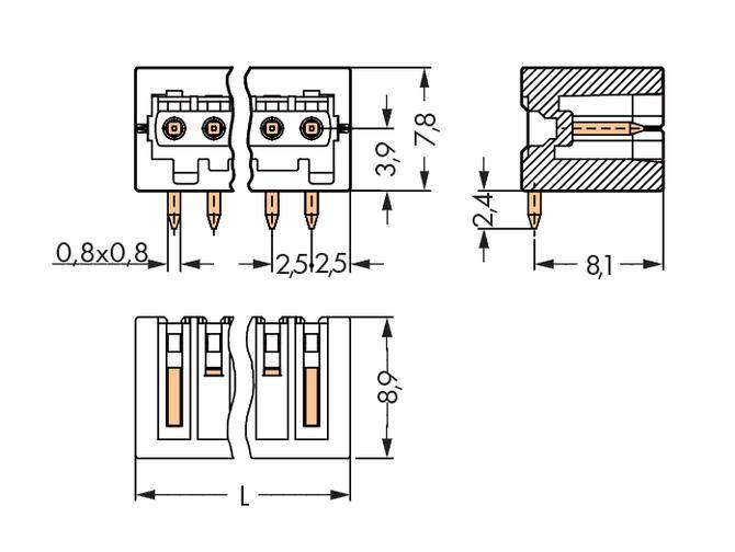 Figure shows technical drawing of a two-row connector with dimensions and connection pins. Side and top views included.