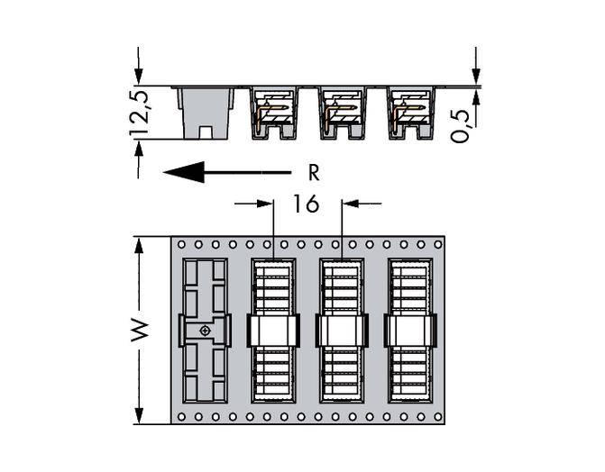 'Diagram shows electrical connection terminals with dimensions: height 12.5 mm, width W mm, depth R 16 mm.'