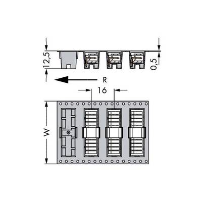 'Diagram shows electrical connection terminals with dimensions: height 12.5 mm, width W mm, depth R 16 mm.'