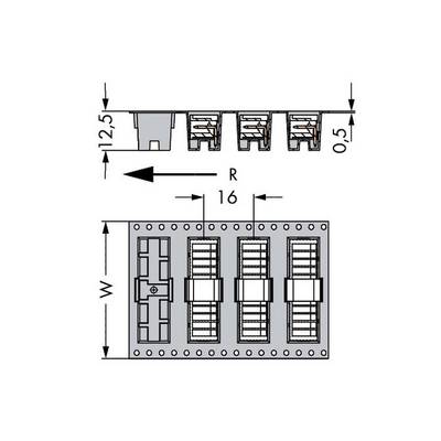 Pin configuration of an electrical connection with four pins, dimensions: 12.5 mm height, 0.5 mm pin width, 16 mm spacing.