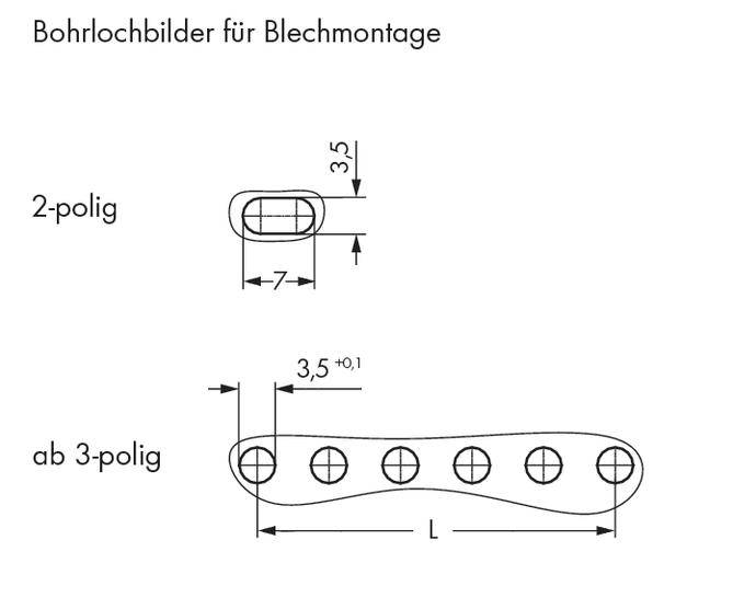 'Drilling Hole Images for Sheet Metal Mounting': Drawing shows arrangements of drilling holes for 2-pole and from 3-pole mountings with dimensions.