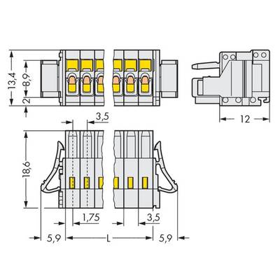 Technical drawing of an electrical connector with dimensions: 18.6 mm high, 12 mm wide. Details of internal components visible.