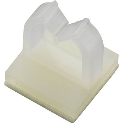 Transparent plastic clip with a square base, likely used for securing cables or small objects.